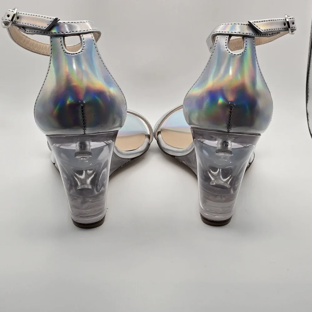 Stuart Weitzman Silver Nudist Lucite Iridescent Clear Wedge Sandal Size 7 - Picture 3 of 15